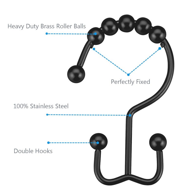 Amazer Black Shower Curtain Hooks  Shower Curtain Hooks Rust proof 12 Pcs Stainless Steel Shower Hooks for Shower Curtain  Double Shower Curtain Hooks for Bathroom Shower Rods Curtain - Image 3